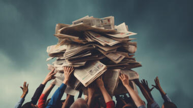 Viele Hände heben einen Stapel Zeitungen in die Luft