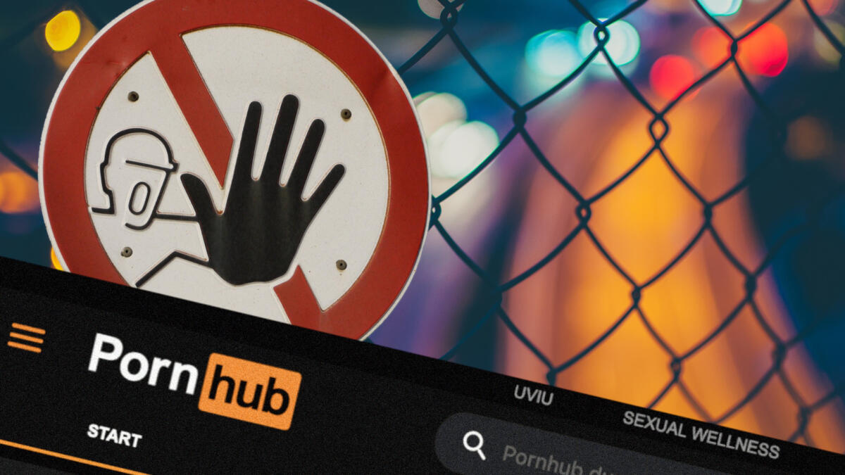 Ein Maschendrahtzaun, ein Betreten-verboten-Schild und ein Screenshot der Website Pornhub.