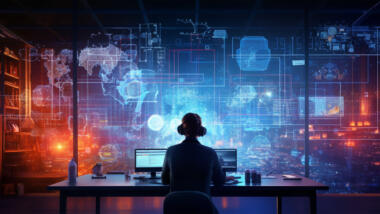 Eine Person sitzt vor einem Computer, dahinter eine Wand, auf der zahlreiche Daten visualisiert sind