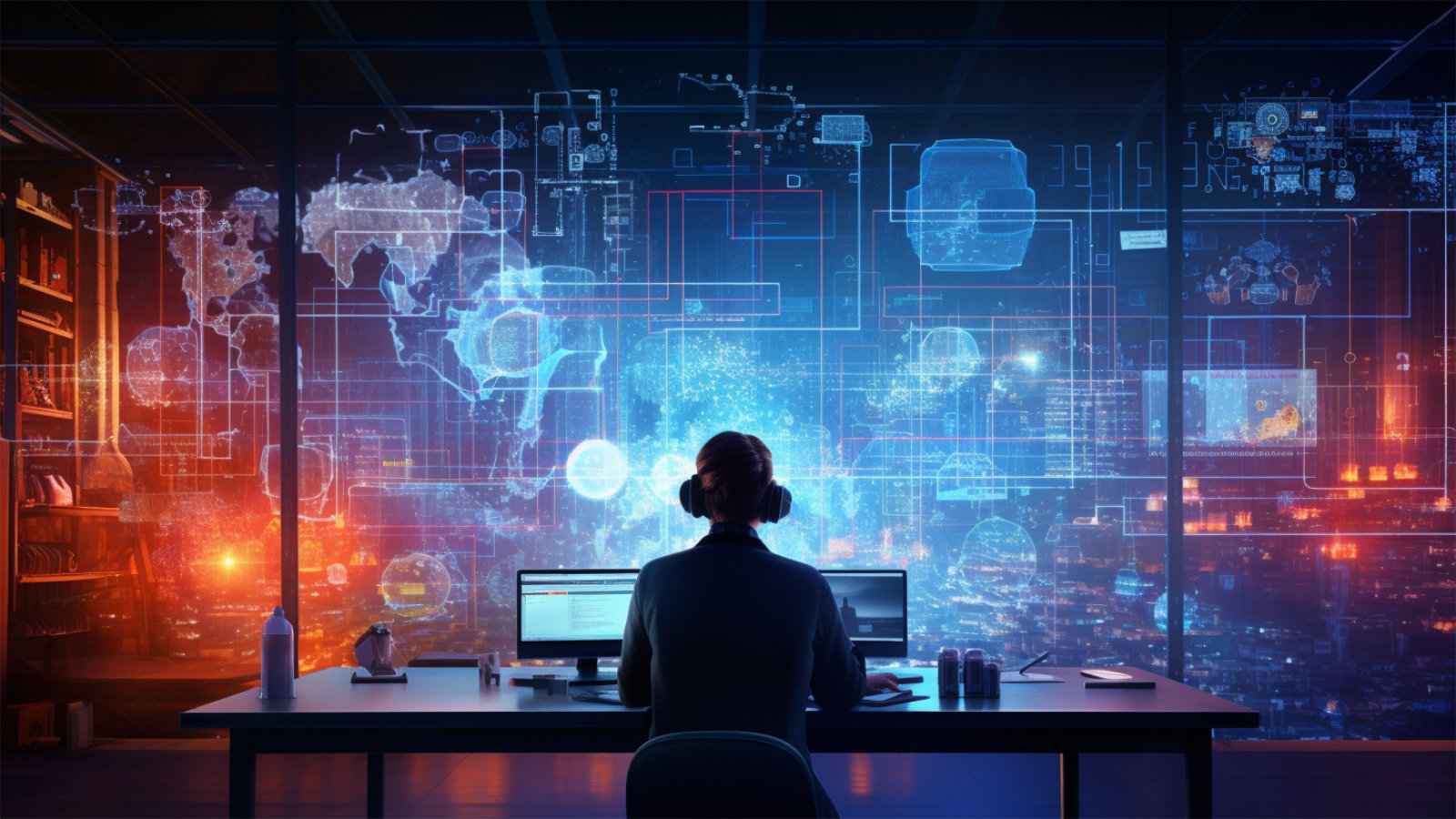 Eine Person sitzt vor einem Computer, dahinter eine Wand, auf der zahlreiche Daten visualisiert sind