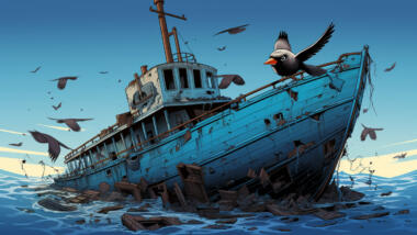 Sinkendes Schiff, davor Erin Vogel der wegfliegt
