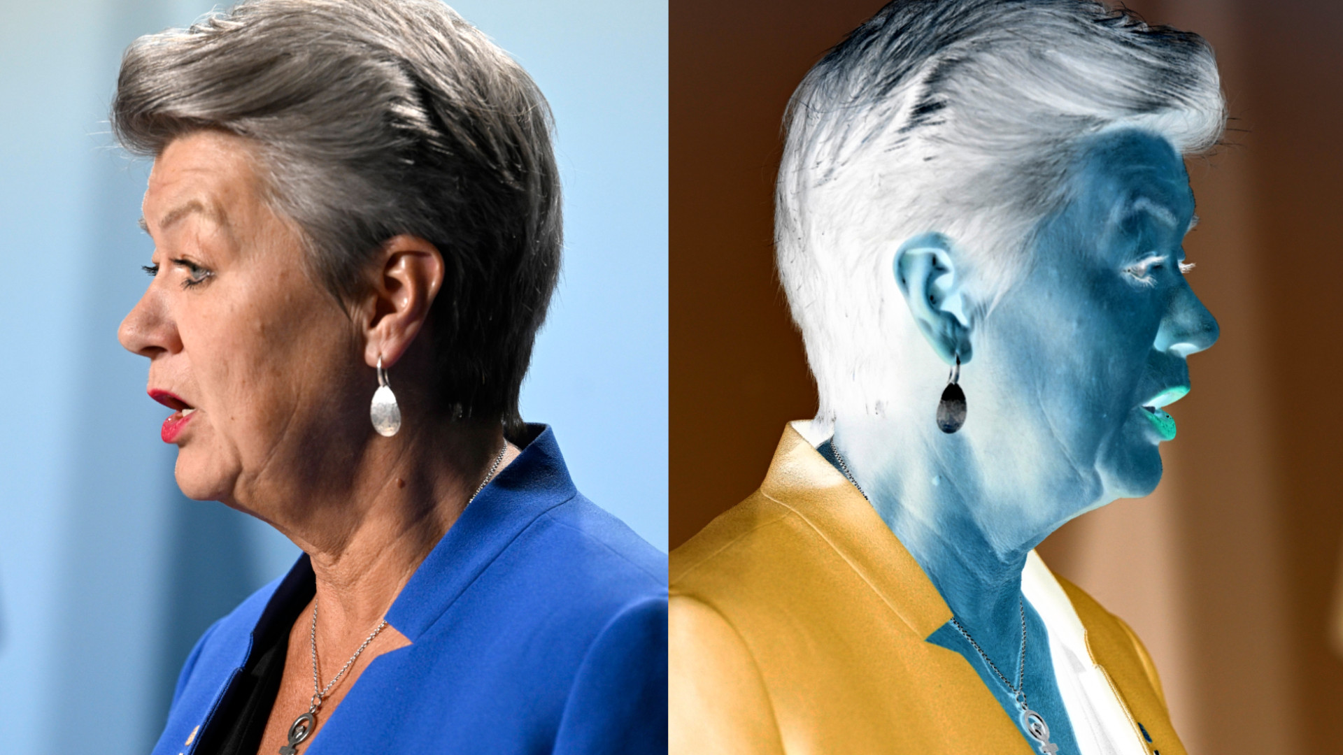 Zwei mal dasselbe Porträt von Ylva Johansson. Einmal gespiegelt und farblich invertiert.