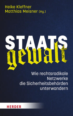 Buchcover, blauer Hintergrund, in weiß-gelber Fraktur-Schrift das Wort "Staatsgewalt"
