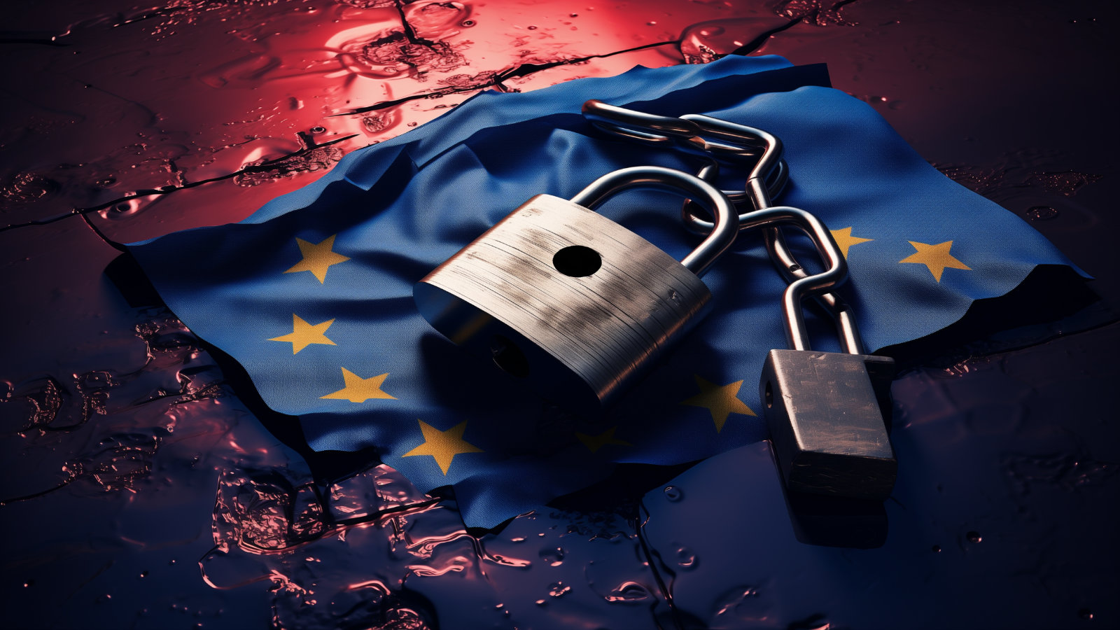 a rusty metal lock that has been broken, lying on a European flag on the ground