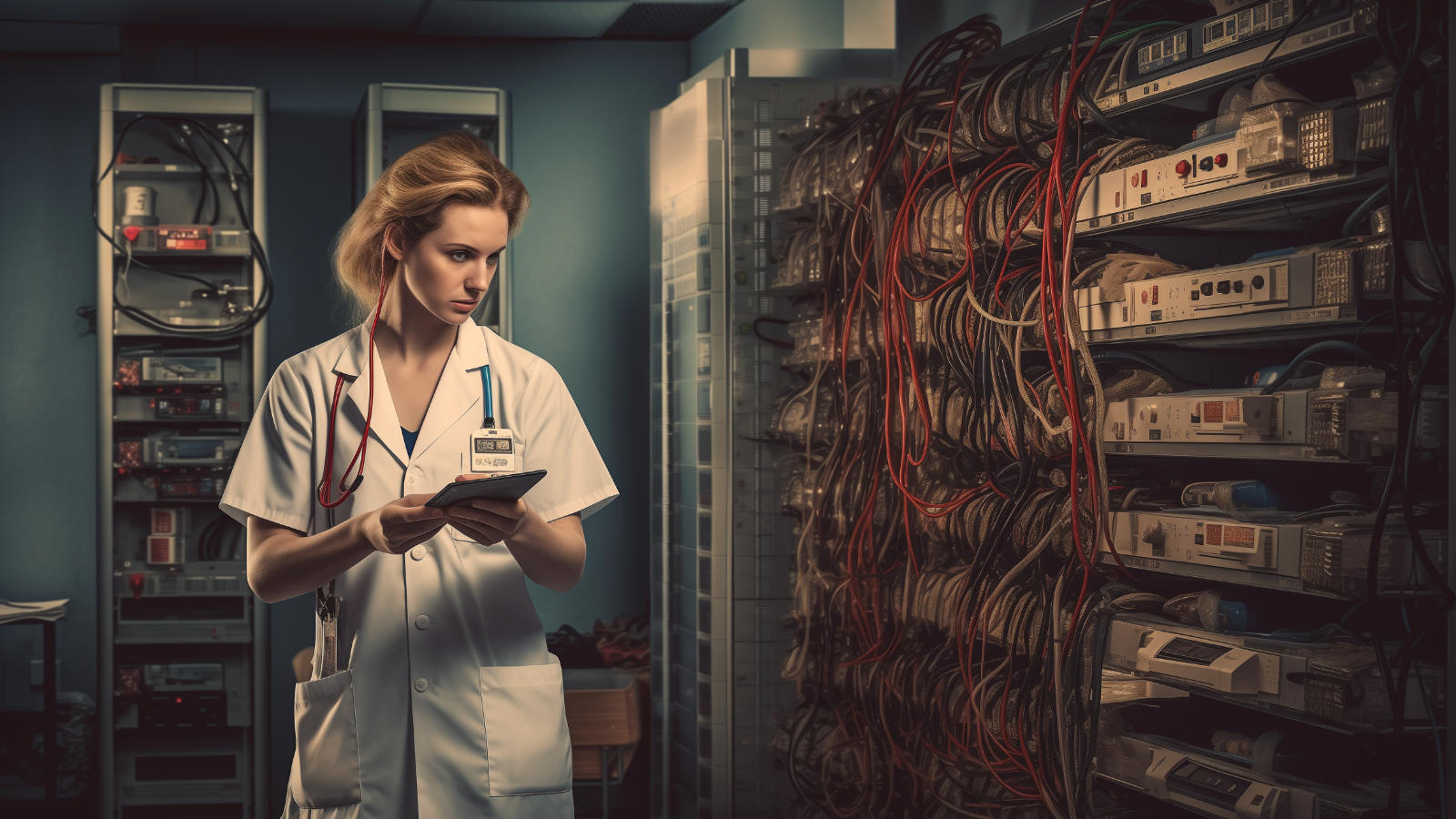 ein Serverschrank mit Pflaster, daneben eine Ärztin