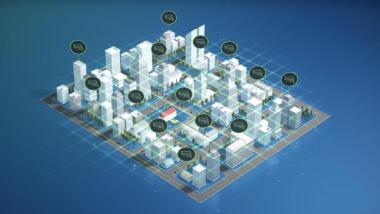 Eine schematisch dargestellte Stadt, bei der die Kameras vernetzt gezeigt werden