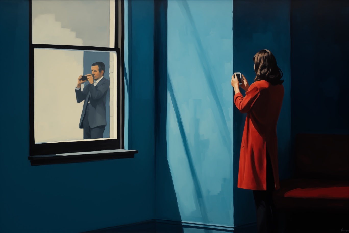 Frau filmt Mann durch Fenster