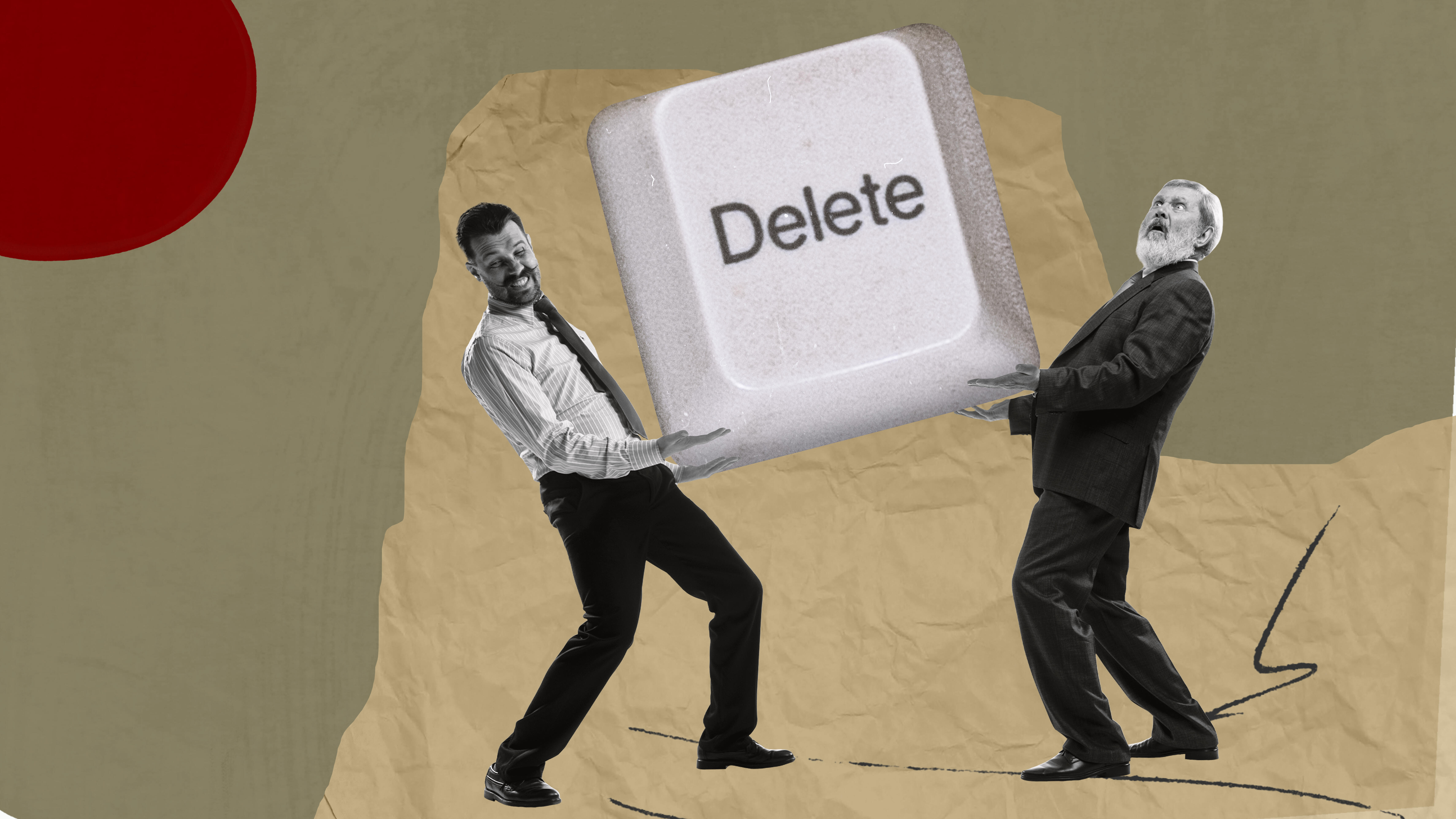Zwei Männer halten eine übergroße Delete-Taste