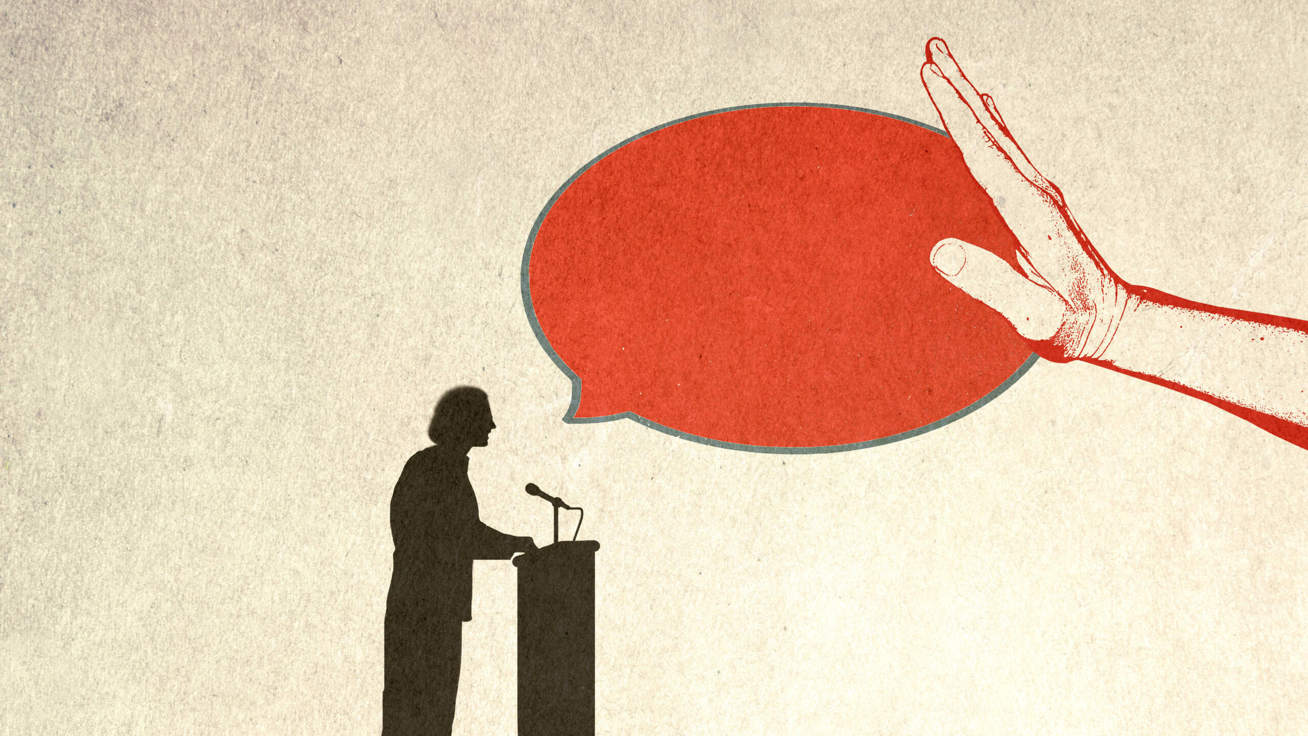 Übergroße Hand wehrt eine Sprechblase ab.