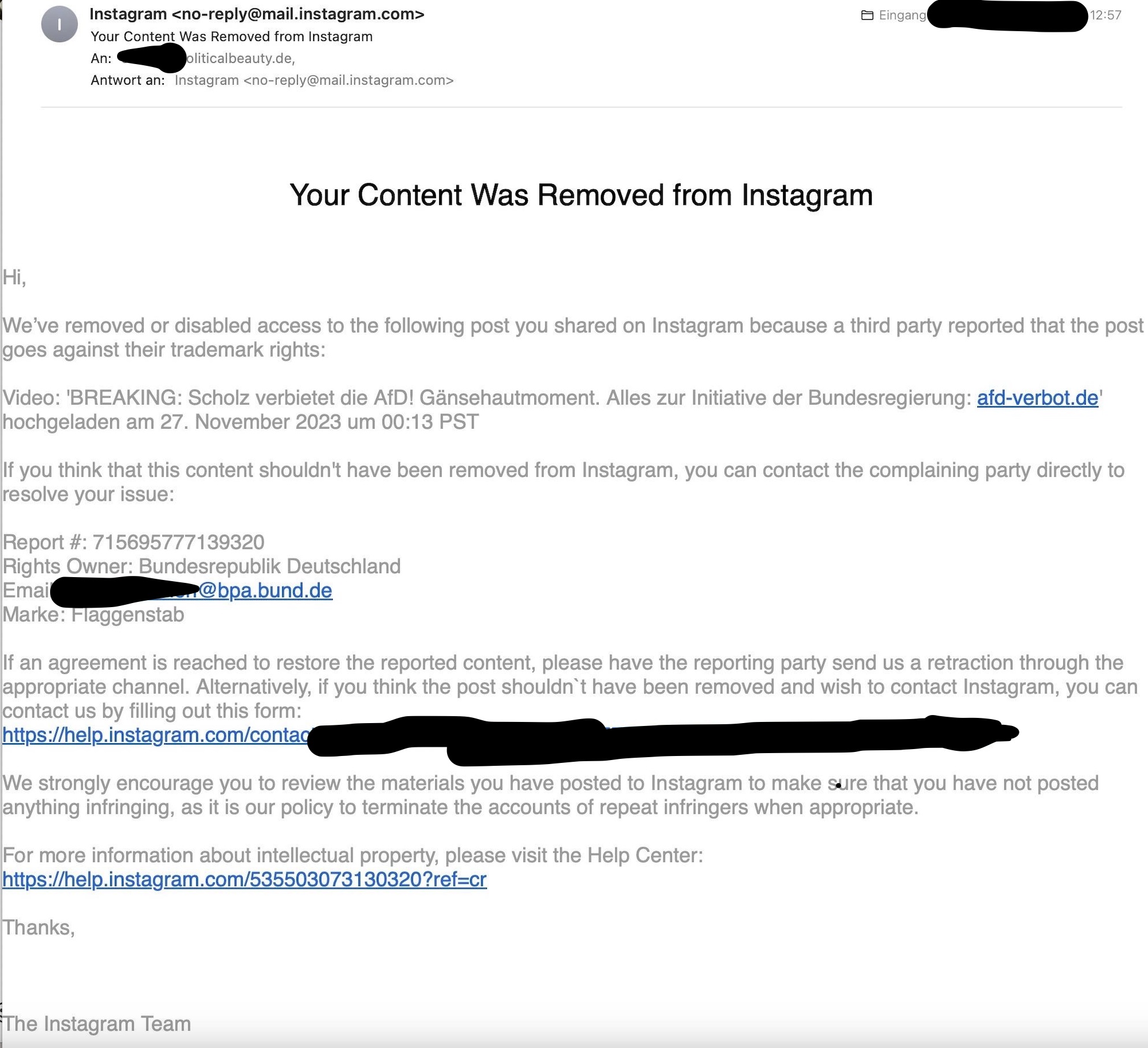 Instagram begründet die Sperrung des Videos mit einer Markenrechtsverletzung.