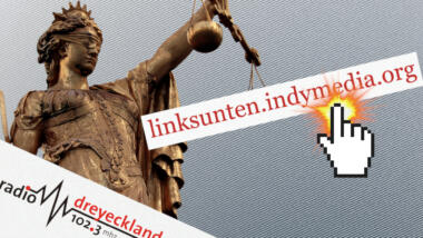 Screenshot des Logos von Radio Dreyeckland; der Schriftzug Linksunten Indymedia; eine Statue von Justitia