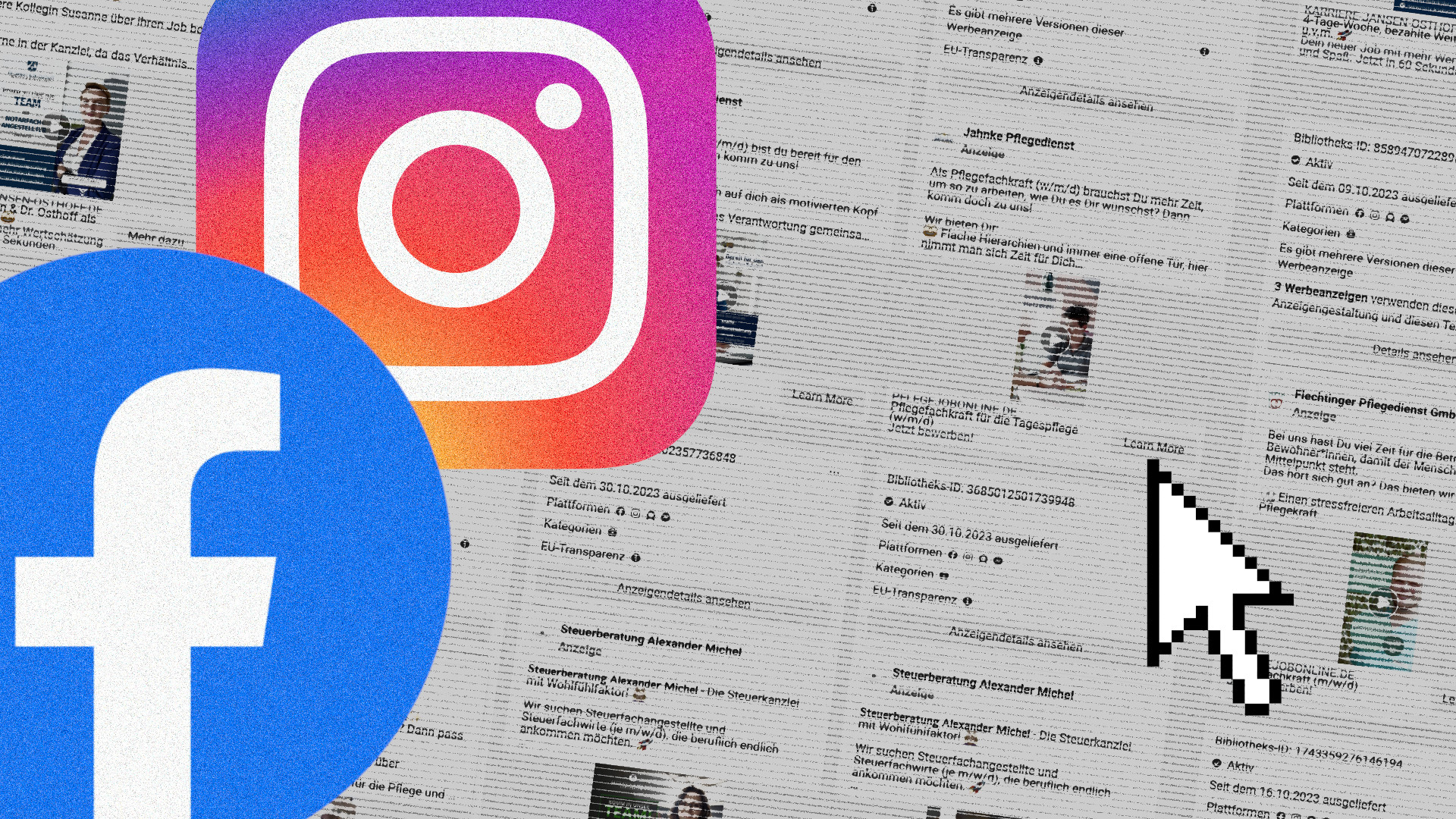 Facebook and instagram logo. Screenshot of Meta's ad library.