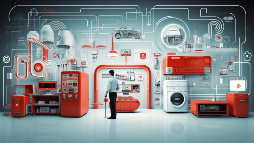 Eine computergeneriertes Bild auf dem eine Person vor einer Reihe orangener Gegenstände wie Kühlschrank und Waschmaschine steht, alle sind mit weißen Linien vernetzt