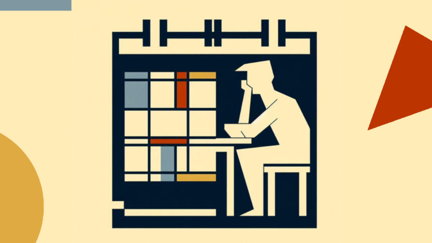 Illustration im Bauhaus-Stil, müde Person vor einem großen Kalender