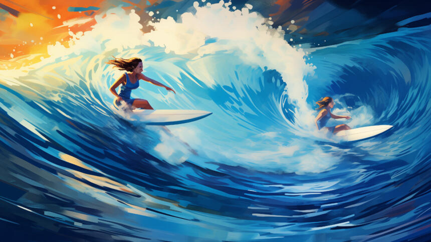 two female surfer riding a big wave, blue colors