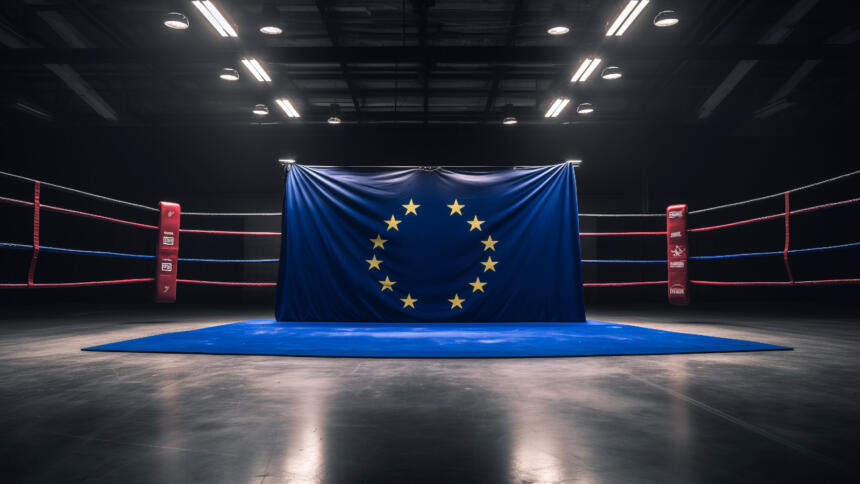 A boxing ring in a training hall, an EU flag hanging in the background