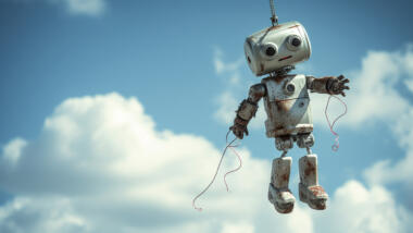 A robot hanging by a rope in the sky