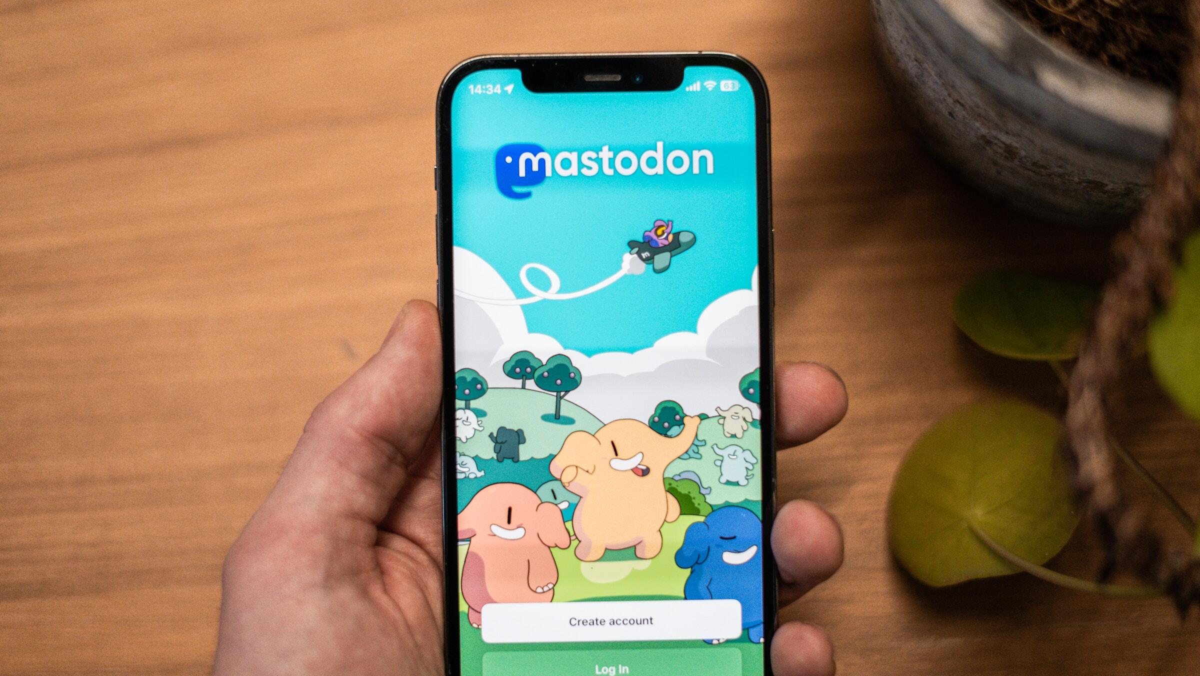 Hand mit einem Smartphone in der Hand, auf dem Mastodon gezeigt wird.