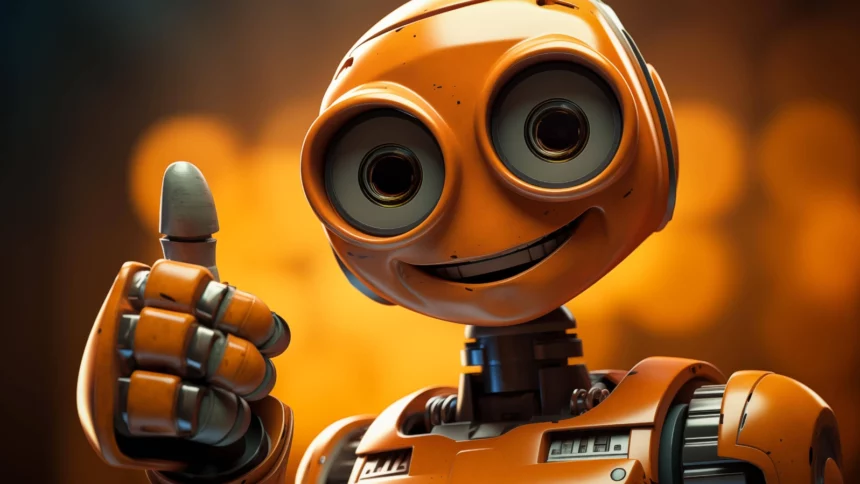 Ein orangener Roboter mit freundlichem Gesicht zeigt den ausgestreckten Daumen