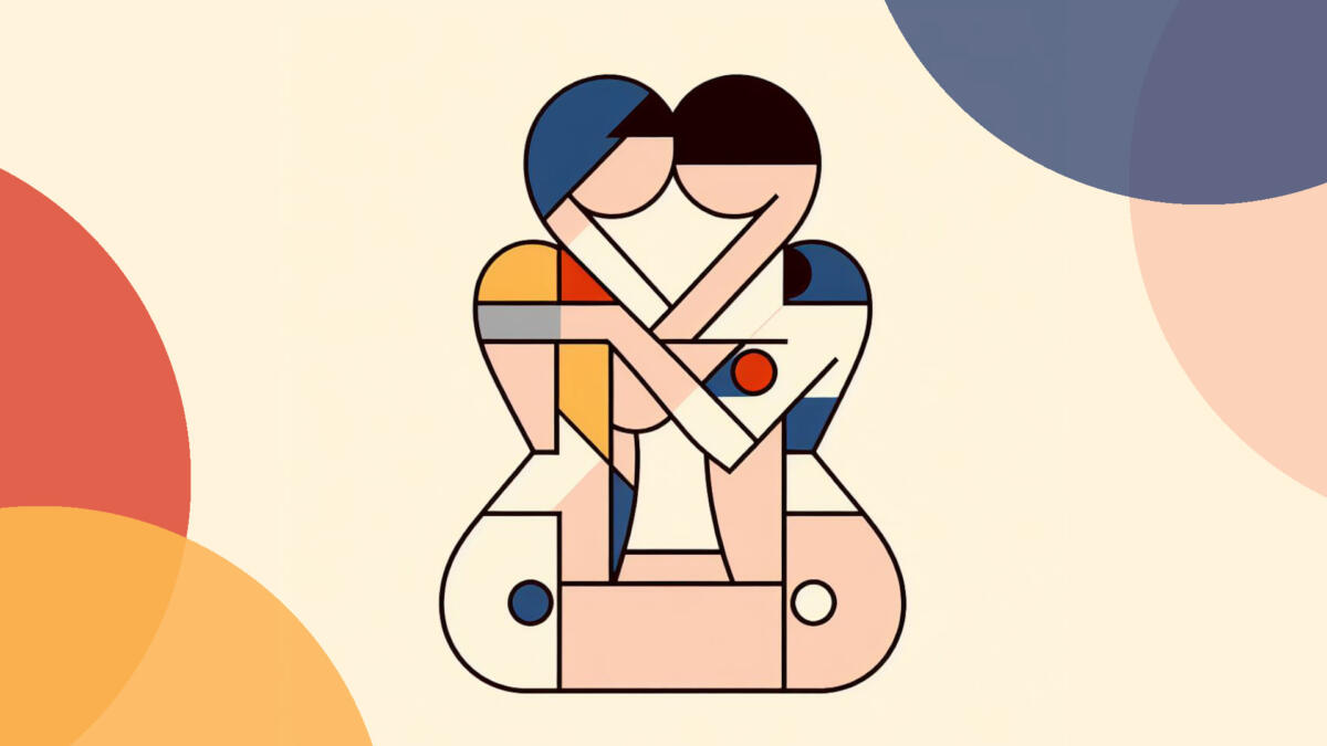 Die Grafik im Bauhaus-Stil zeigt zwei sitzende Figuren in enger Umarmung.