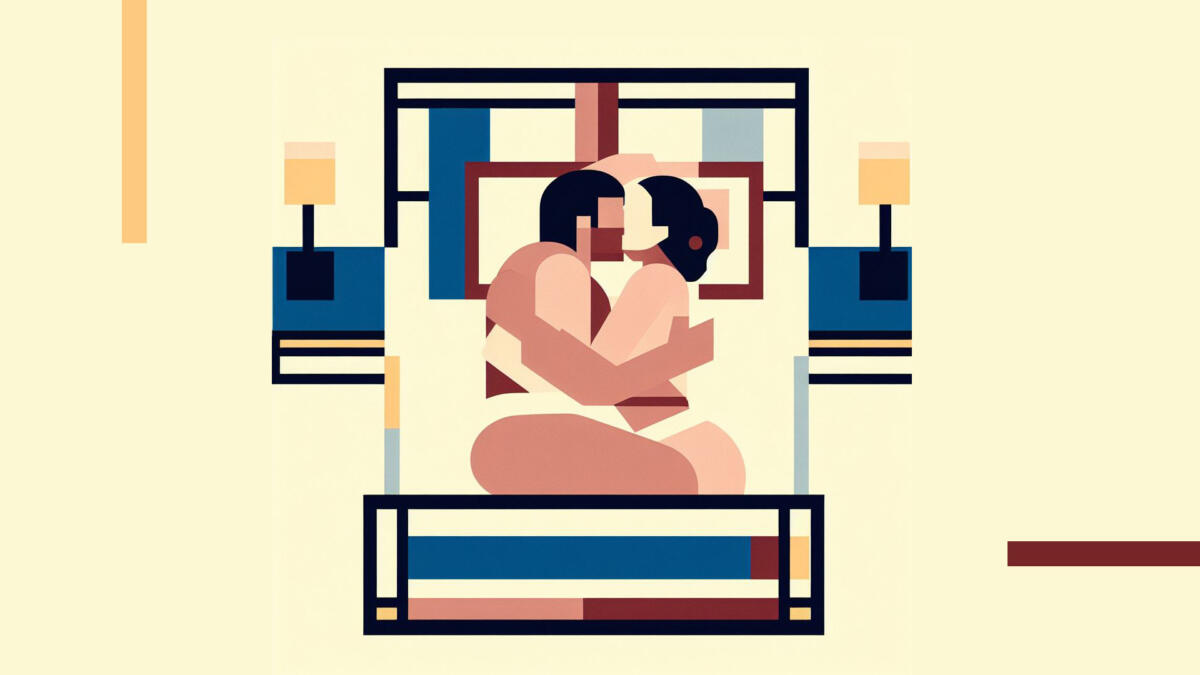 Eine Grafik im Bauhaus-Stil zeigt ein Paar im Bett, dass sich anscheinend küsst.