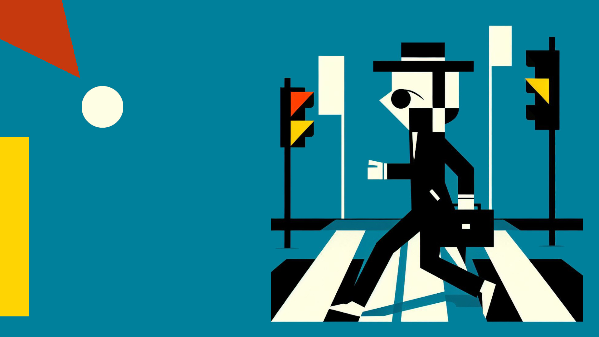 Abstrakte Illustration im Bauhaus-Stil. Eine Figur geht über einen Zebrastreifen.