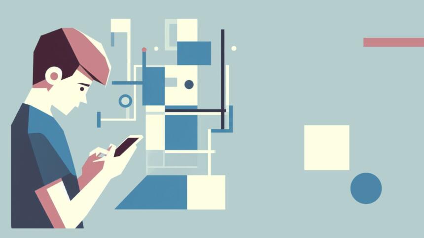 Illustration im Bauhaus-Stil generiert mit DALL-E-3, zeigt einen Jungen mit Smartphone