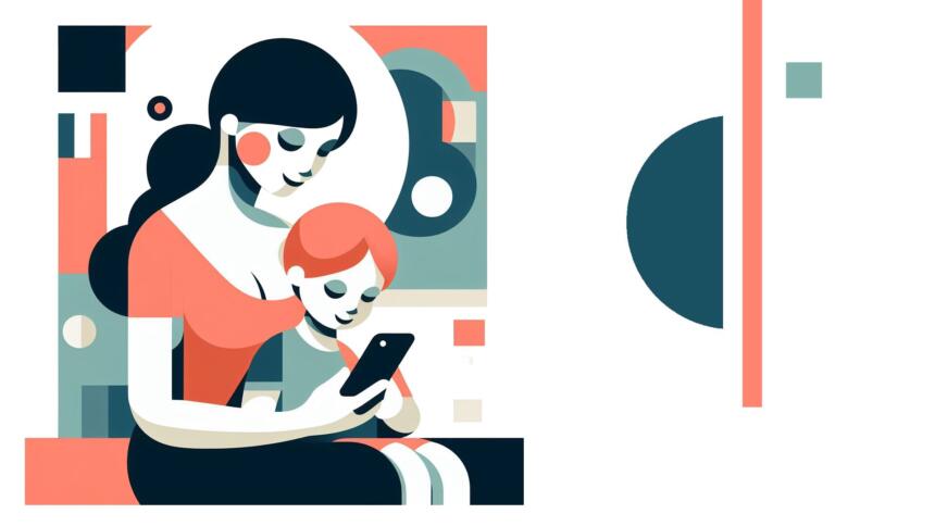 Illustration im Bauhaus-Stil generiert mit DALL-E-3 zeigt eine Mutter mit Kind und Smartphone