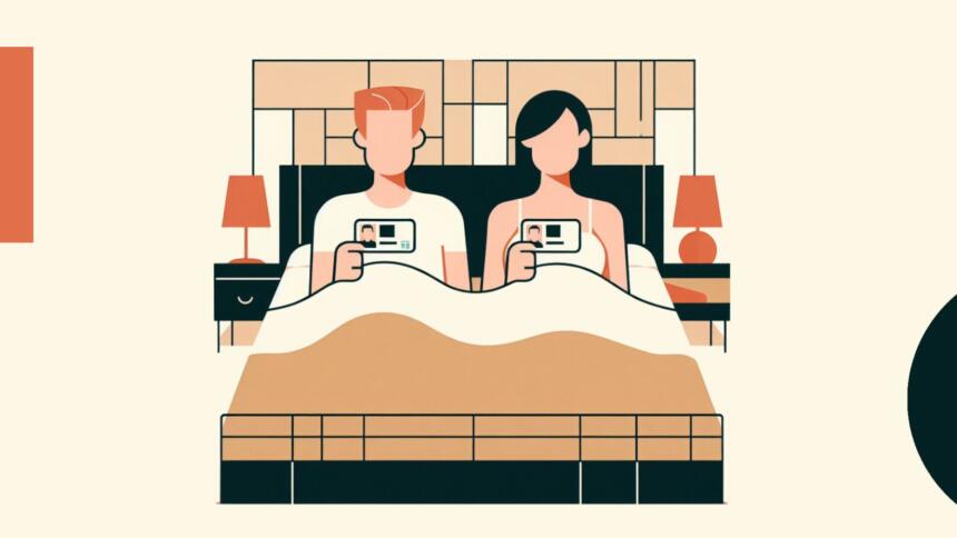 Illustration im Bauhaus-Stil, ein Paar liegt im Bett und zeigt Ausweisdokumente vor.