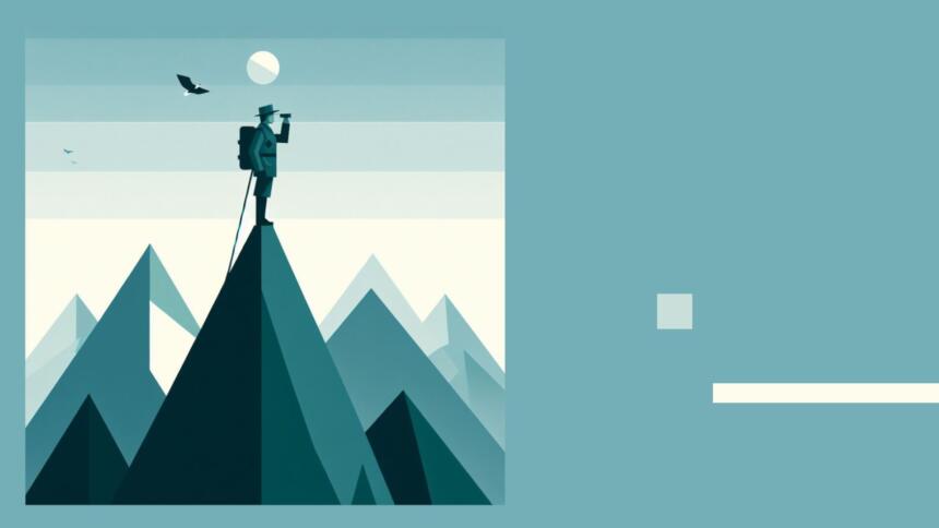 Illustration in Bauhaus-Optik, Kundschafter auf einer Bergspitze, schaut in die Ferne.