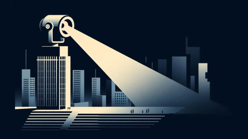 Illustration im Bauhaus-Stil zeigt einen Scheinwerfer auf einem Turm, der einen breiten Lichtkegel auf eine Stadt wirft.