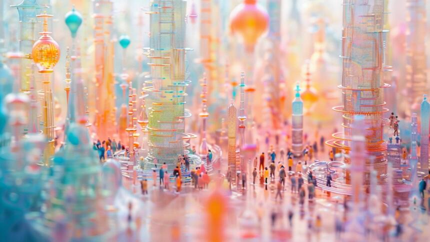 thousands of tiny people debating in a futuristic, transparent city, hundreds of tubes connect skycrapers, pastel colors, isometric art