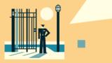 Illustration im Bauhaus-Stil: ein Wächter vor einem Tor.