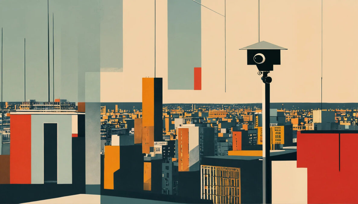 Bauhaus-Stil Illustration einer Stadt mit einer Überwachungskamera