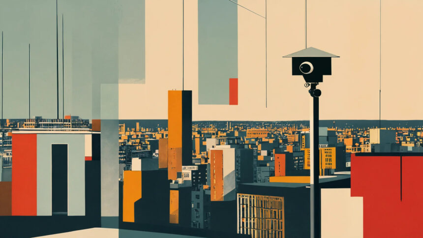 Bauhaus-Stil Illustration einer Stadt mit einer Überwachungskamera