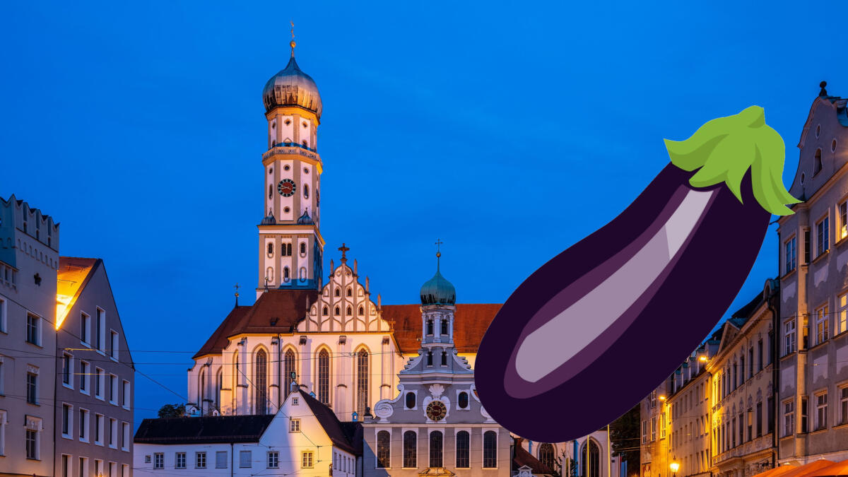 Stadtansicht von Augsburg, im Vordergrund eine Aubergine