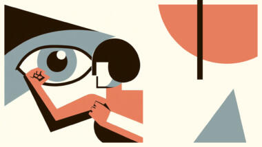 Illustration im Bauhaus-Stil zeigt eine Frau, die die Fäuste ballt und an ein mysteriöses Auge richtet.