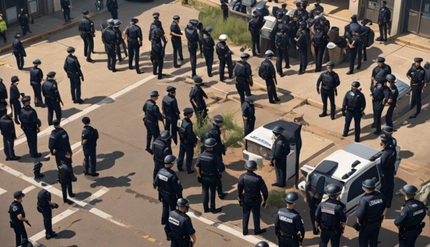 Eine Animation auf der viele menschliche Figuren von oben betrachtet werden, die alle uniformiert sind. Dazwischen stehen Autos, bei denen es sich um Einsatzfahrzeuge der Polizei handeln könnte.
