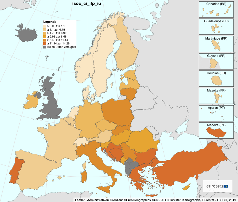 Karte Europas zur Nutzung von Informations- und Kommunikationstechnik in Haushalten und durch Einzelpersonen