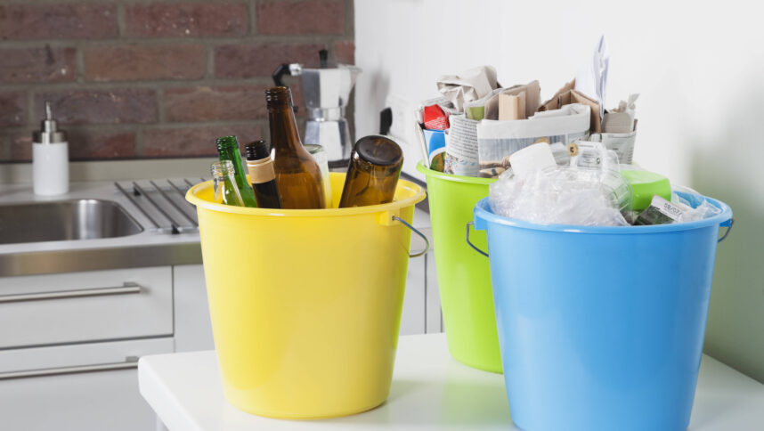 Abgebildet sind ein grüner, ein blauer und ein gelber Eimer. Darin sind Glas-, Papier- und Plastikabfälle sortiert.