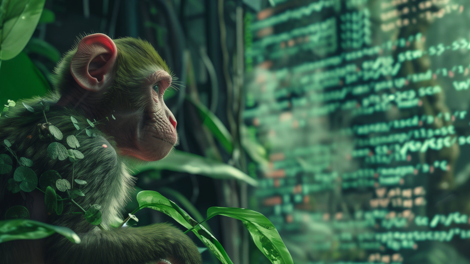 Ein kleiner Affe vor einem Computerbildschirm mit Codezeilen im Dschungel