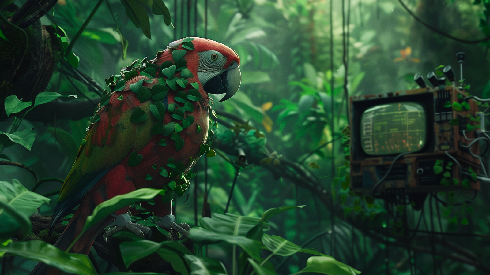 Ein roter Papagei vor einem Computerbildschirm mit Codezeilen im dichten Dschungel