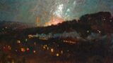 Ölgemälde, das ein Feuerwerk über einer Stadt an einem Hügel zeigt.