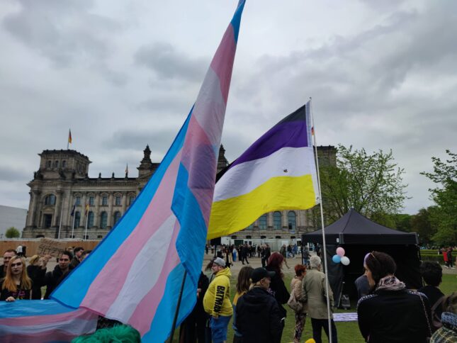 Blau-rosa-weiße Trans-Flagge vor dem Bundestag
