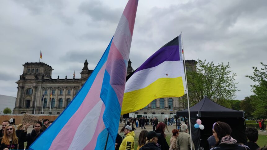 Blau-rosa-weiße Trans-Flagge vor dem Bundestag