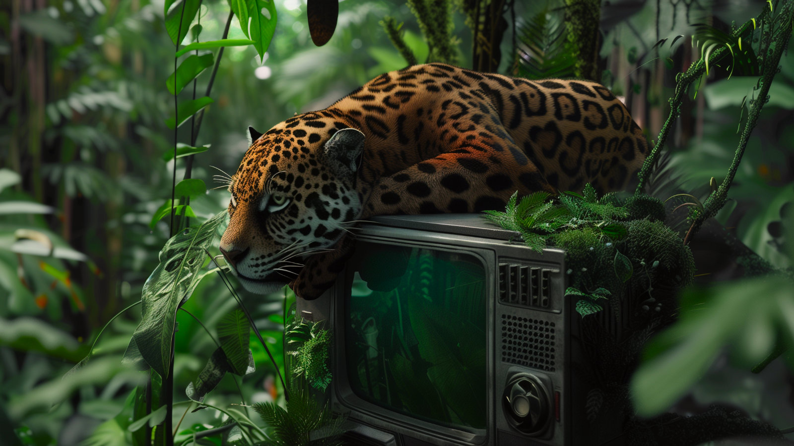Ein Jaguar liegt auf einem Monitor im Dschungel