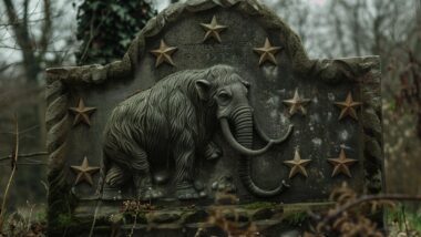 Grabstein, auf dem Europäische Sterne und ein Mastodon zu sehen ist.