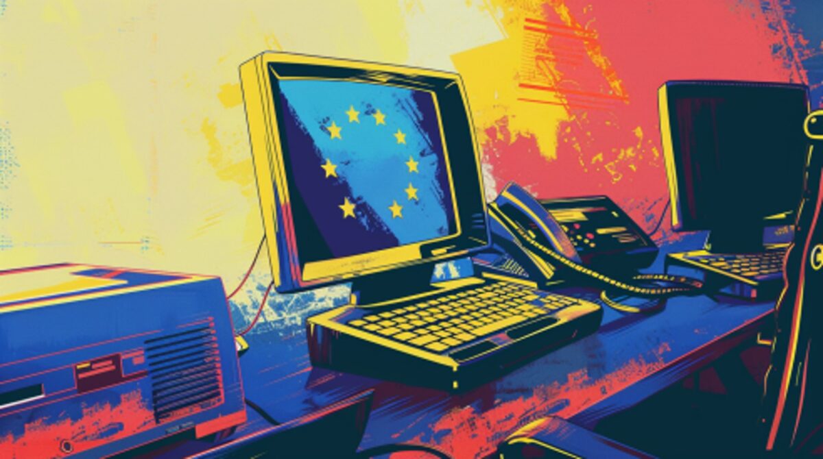 Ein Aquarell in kalligen Farben, darauf zu sehen ein Schreibtisch mit altmodischem Telefon und Computer, auf dem eine EU-Flagge zu sehen ist