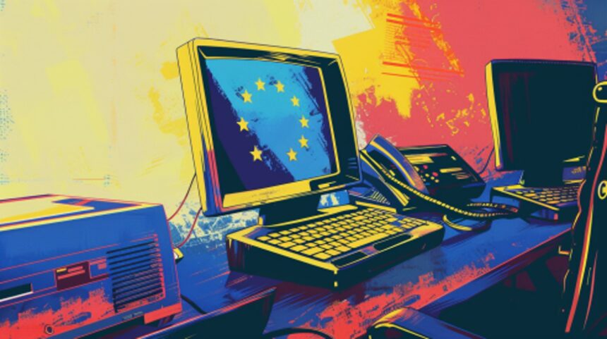 Ein Aquarell in kalligen Farben, darauf zu sehen ein Schreibtisch mit altmodischem Telefon und Computer, auf dem eine EU-Flagge zu sehen ist