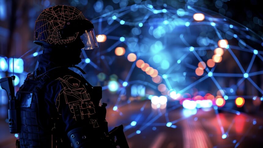 Polizist im Vordergrund, im Hintergrund angedeutete Datennetzwerke